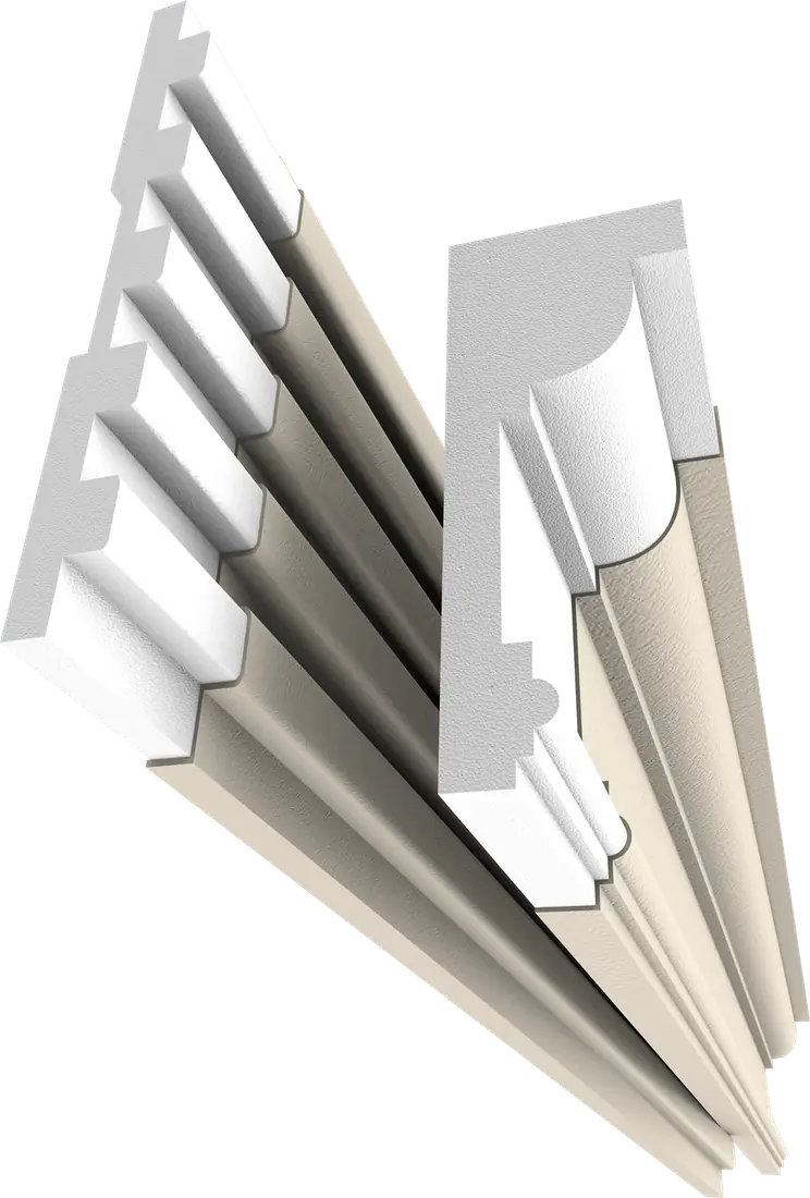 A stack of white CLADECO® coated-EPS cornice profiles, shown fanned out to reveal the machined molding shapes