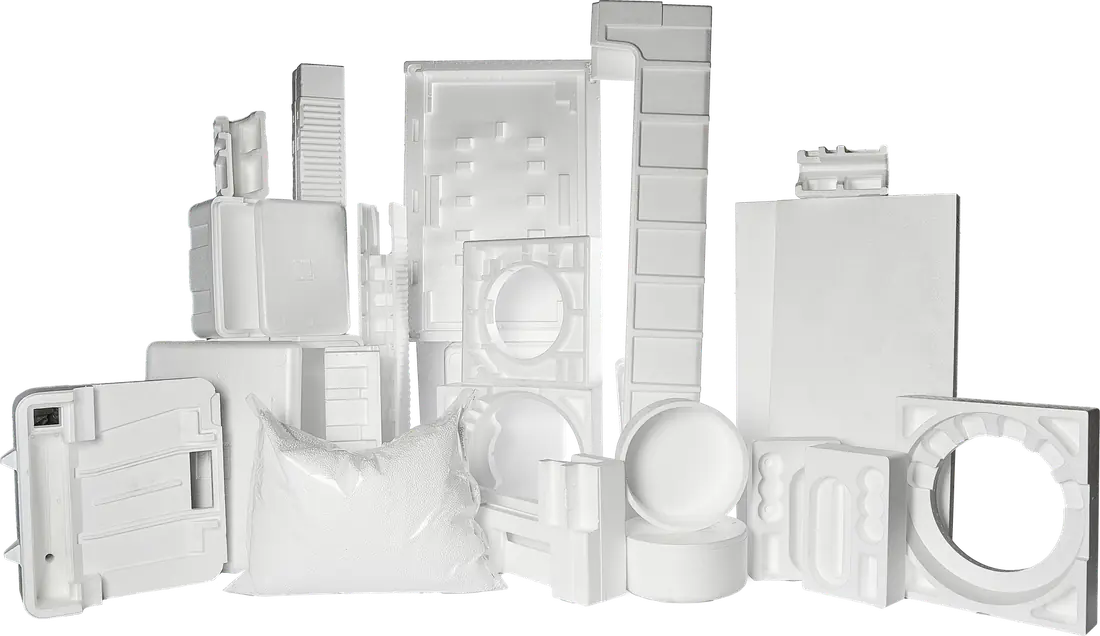 A group of white molded expanded-polystyrene (EPS) packaging pieces for appliances, electronics and other products