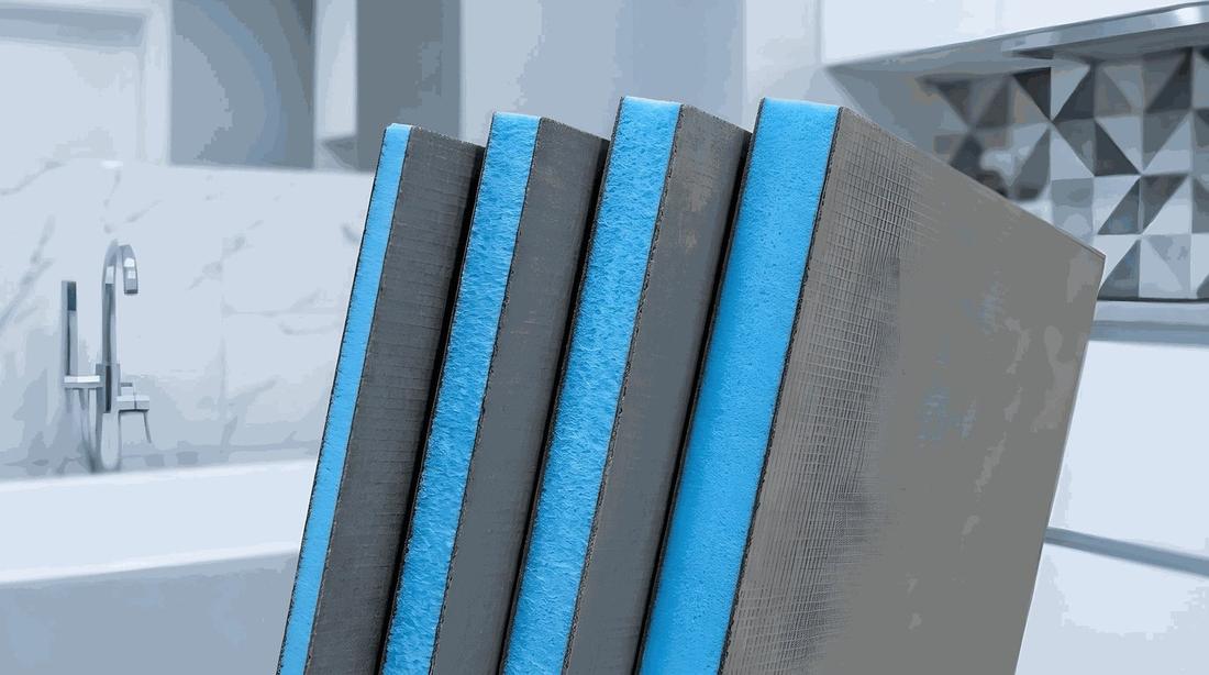 Insutile tile-backer boards — a blue XPS core between gray cement-coated faces