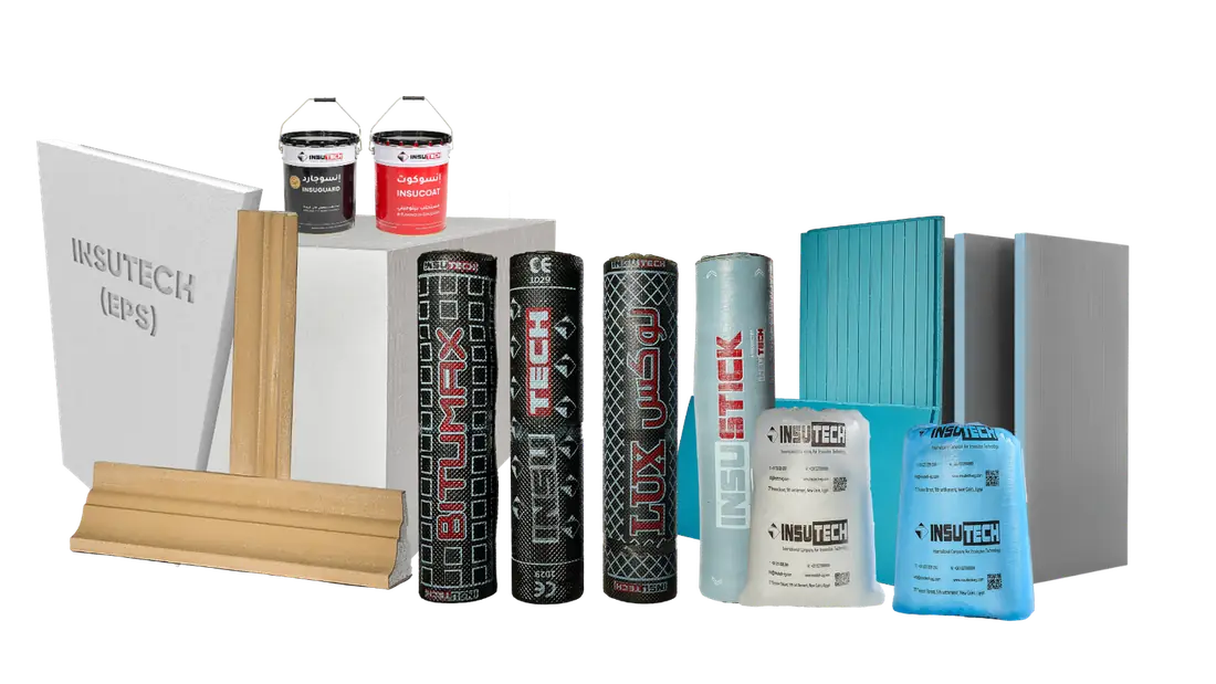 Insutech construction-materials product group — EPS and XPS boards, bitumen membrane rolls, bituminous emulsion pails and adhesives