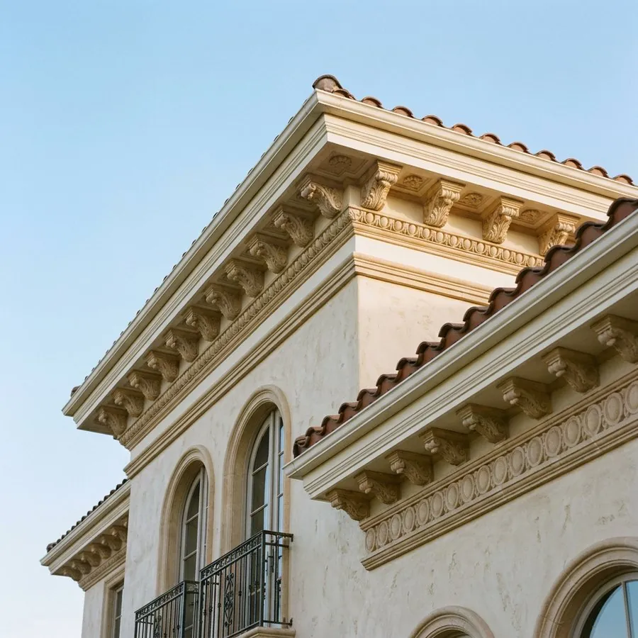 كلاديكو® cornice installed along a villa roofline