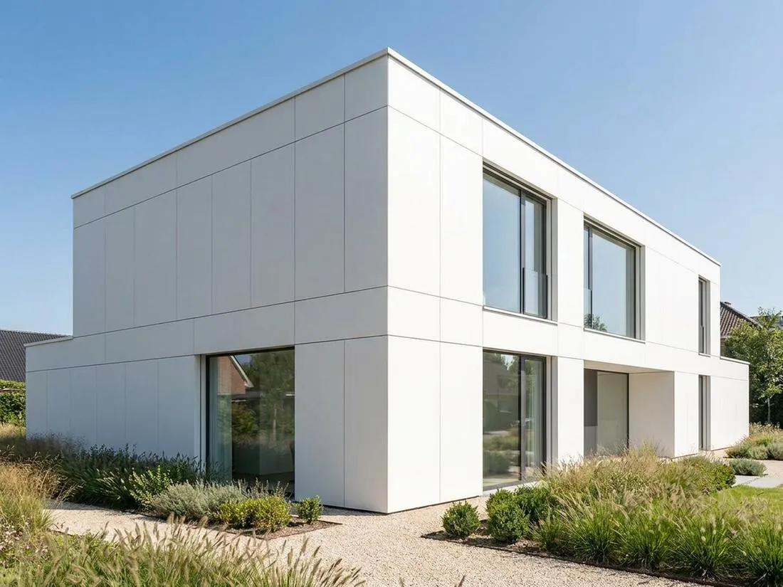 White modern villa with flat coated panels and recessed joints