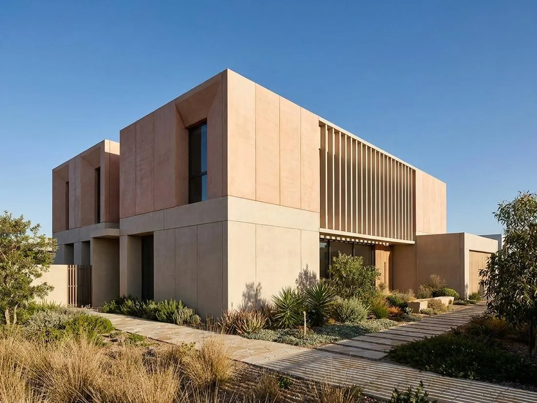 Pale clay villa with deep reveals and a fin screen