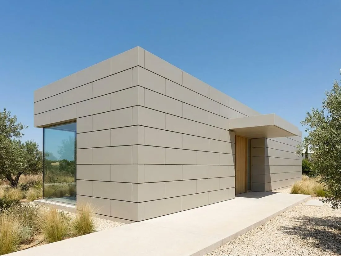 Light warm-gray house with coursed panel cladding
