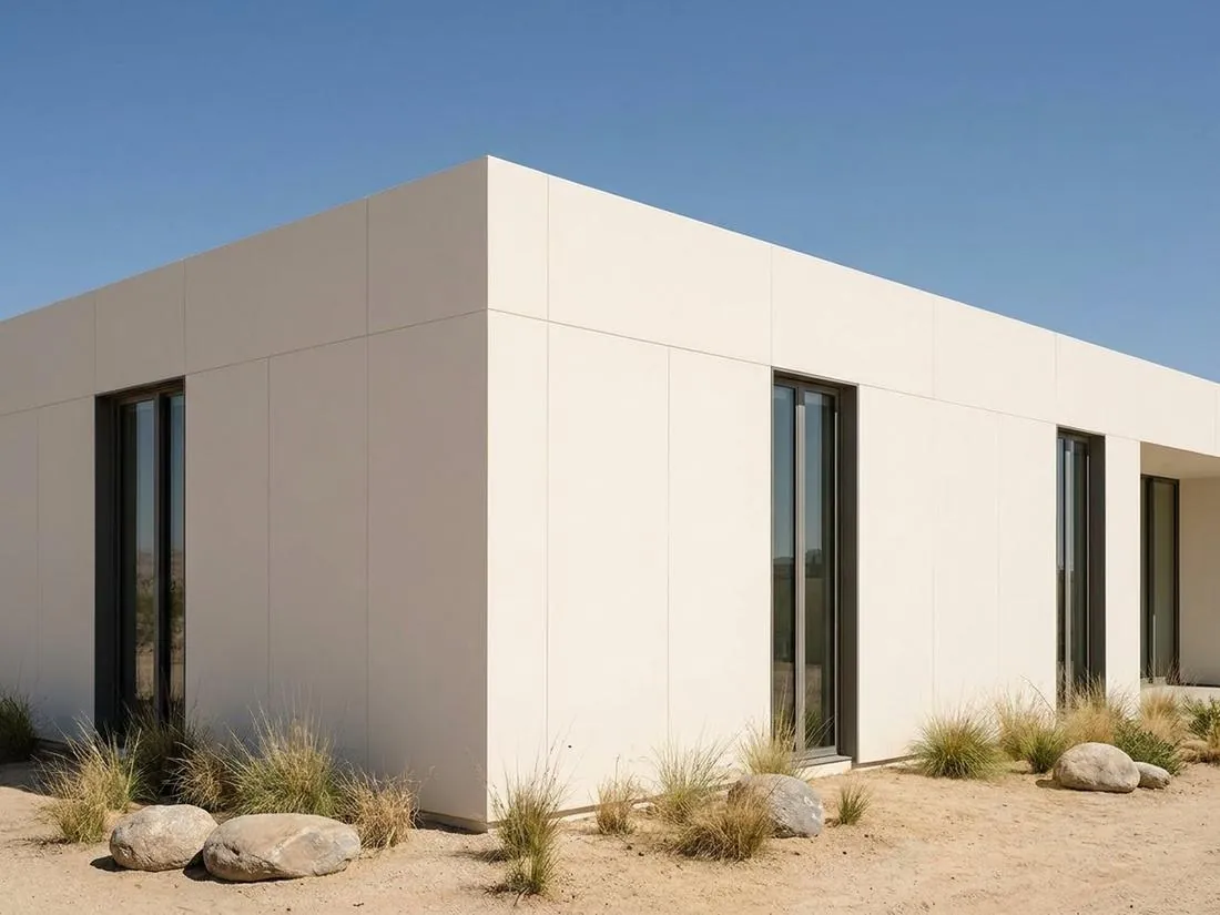 Off-white modern villa with smooth flat coated panels