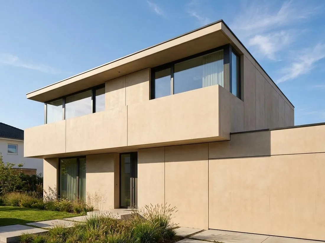 Light beige house with large flat facade panels and flush joints