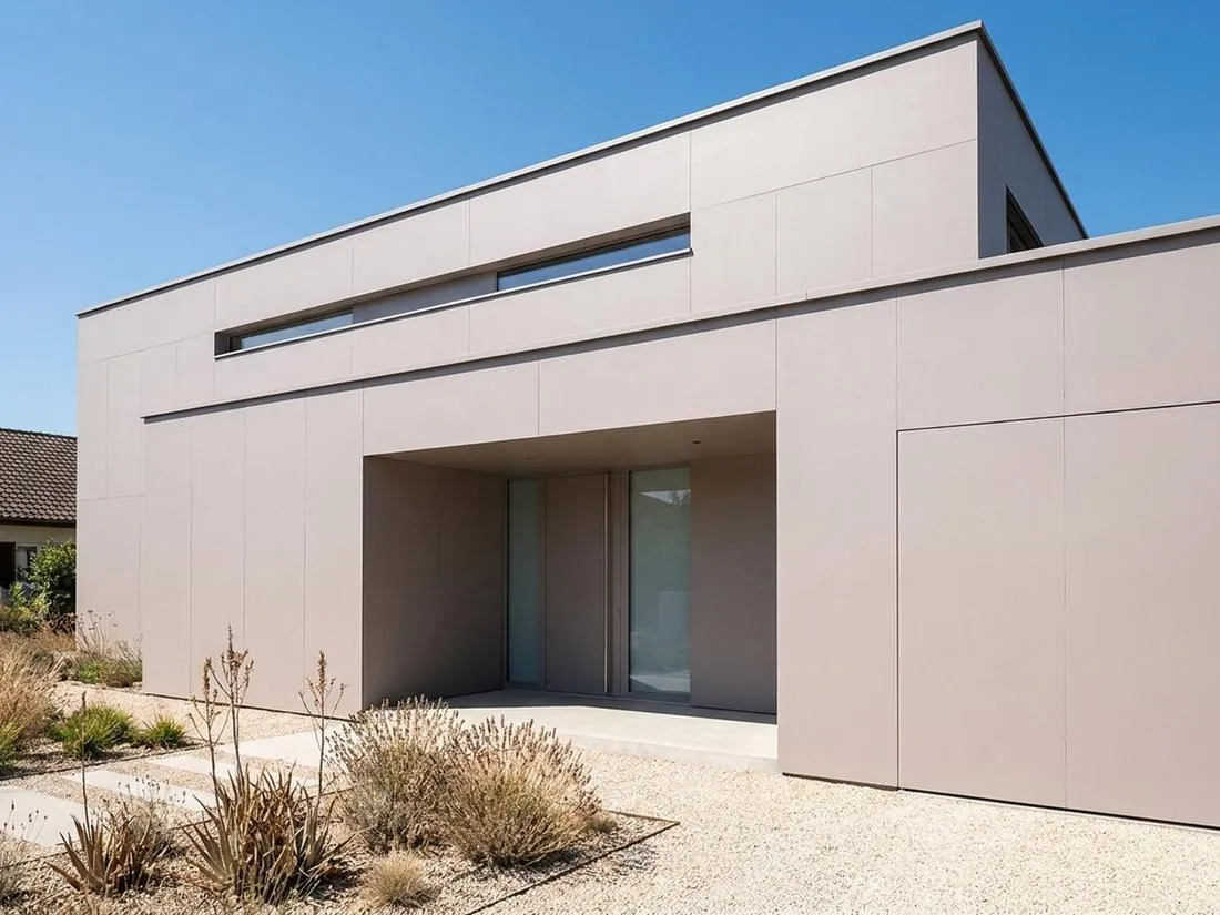 Pale warm-gray house with monolithic flat panel walls