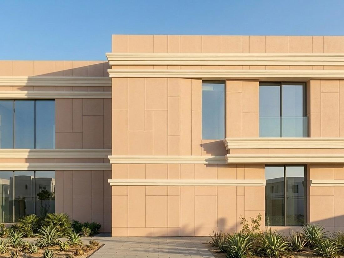 Pale clay facade articulated with cream CLADECO® string-course bands