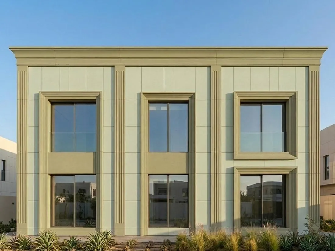 Sage-green facade with كلاديكو® cornice, pilasters and window surrounds