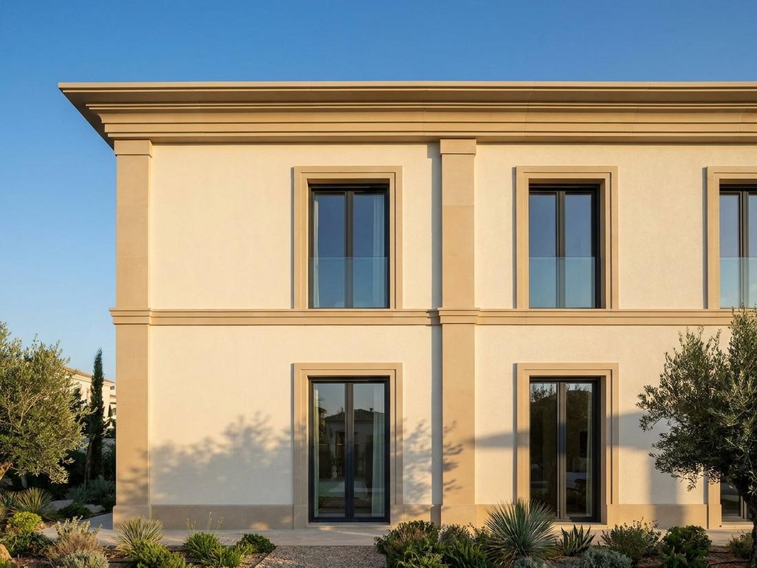 Modern villa facade with CLADECO®-style cornice band, pilasters and window surrounds