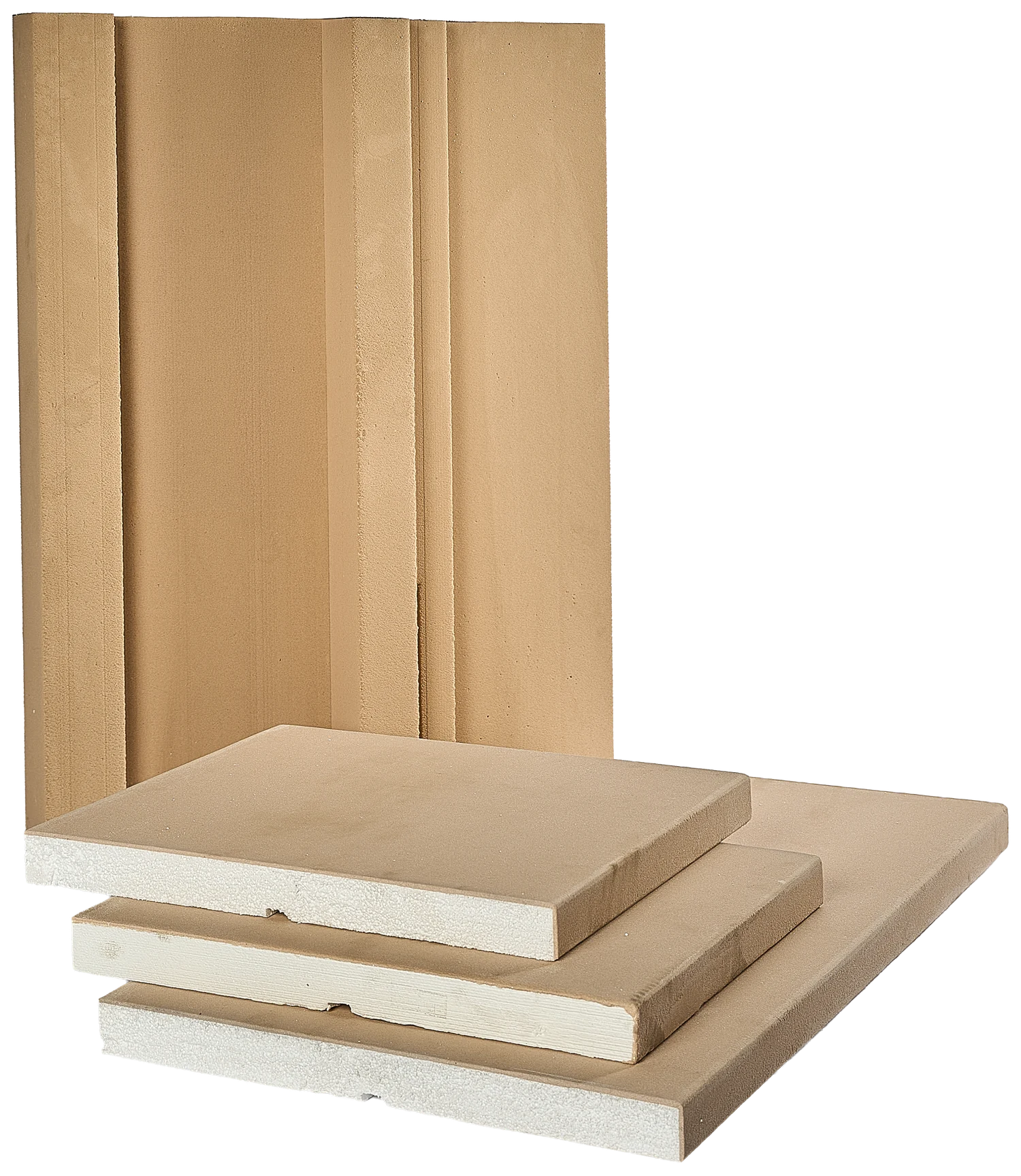 CLADECO® profiled wall panels and flat coated boards with the white EPS core visible on the edges