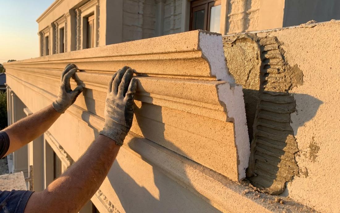 A worker positioning a lightweight CLADECO® cornice on a facade by hand