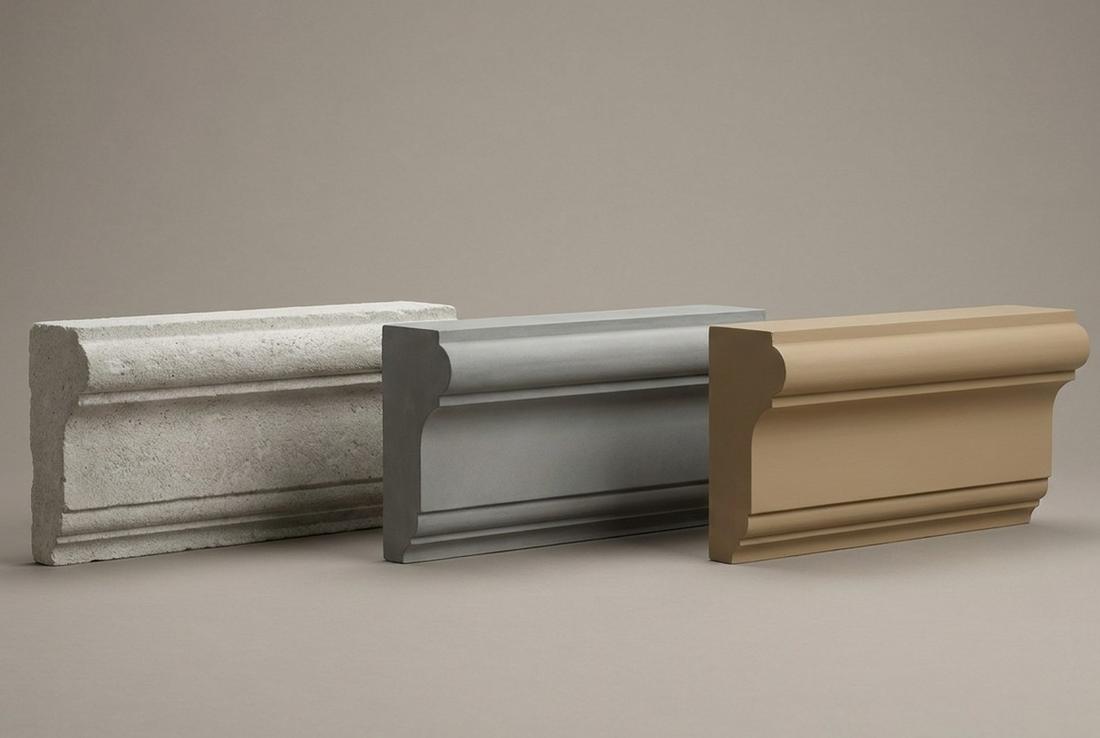The same cornice profile in three materials side by side: natural limestone, glassfiber-reinforced concrete, and CLADECO® coated EPS